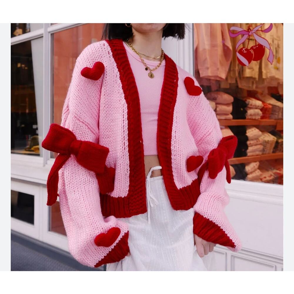 mure + grand  Pink Red Follow Your Heart Puff Open Cardigan S/M